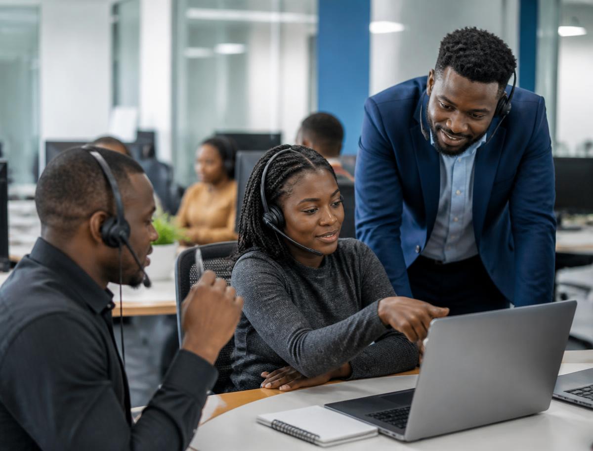 Équipe support client africaine en open-space moderne